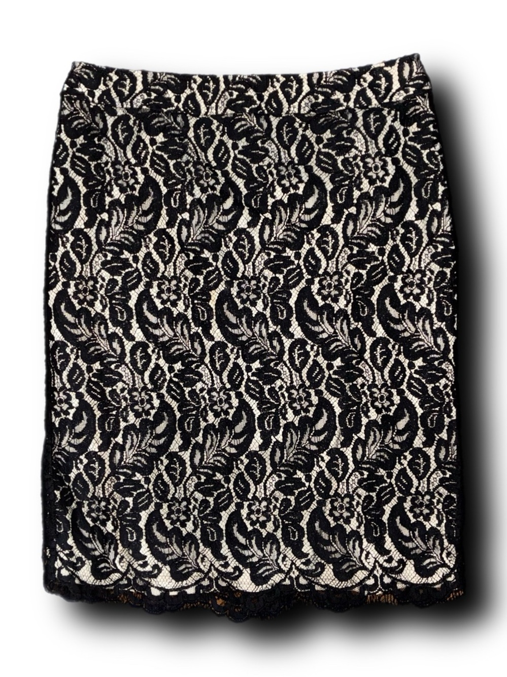 White House Black Market Black and Cream Lace-Overlay Pencil Skirt Office Vibes